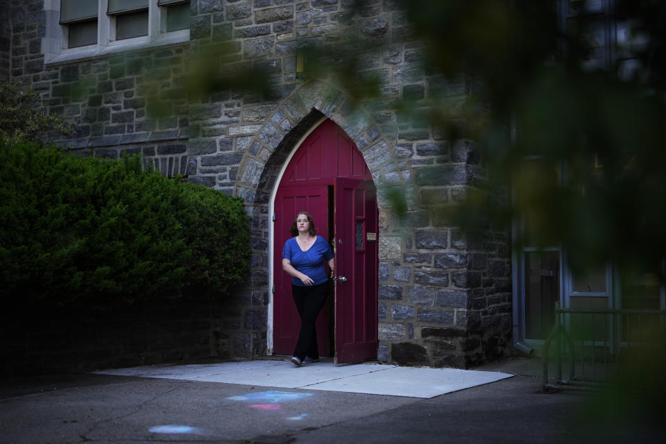 Heather Boyd, Democratic candidate for Pennsylvania House of Representatives, leaves her polling place, Christ's Community Church, Tuesday, May 16, 2023, in Drexel Hill, Pa. (AP Photo/Matt Slocum)