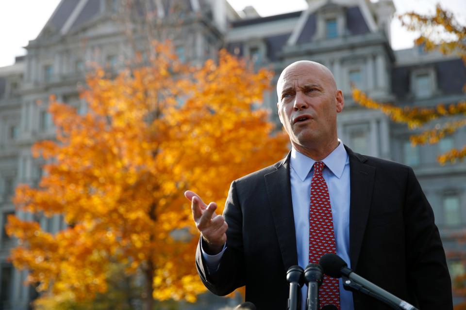 Marc Short, chief of staff to Vice President Mike Pence, speaks with members of the media outside the White House, Nov. 19, 2019, in Washington.