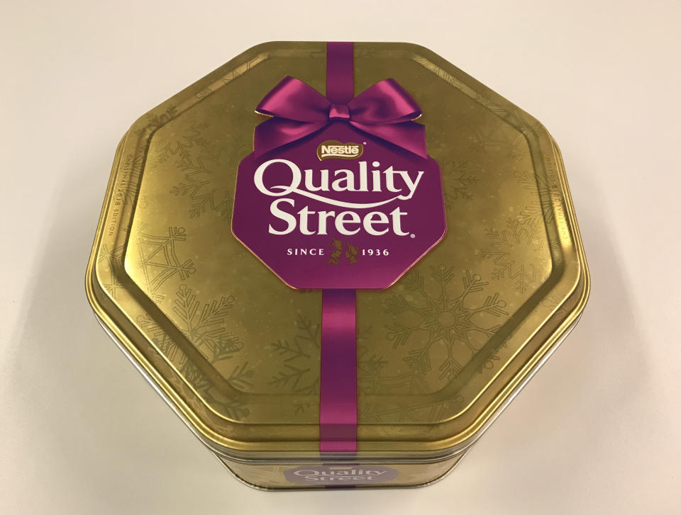 A tin of Nestle Quality Street chocolates. (Photo by Martin Keene/PA Images via Getty Images)