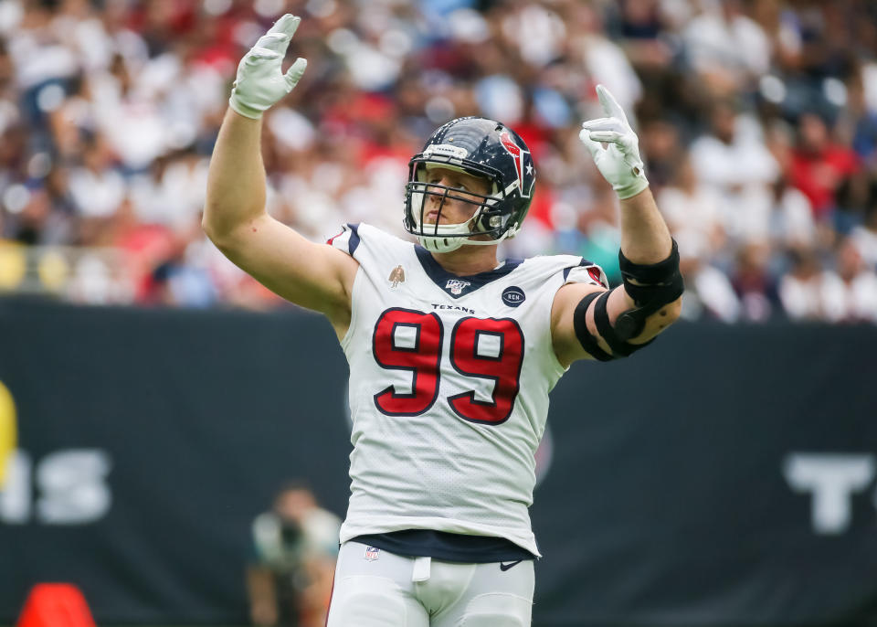 HOUSTON, TX - SEPTEMBER 15:  Houston Texans defensive end J.J. Watt (99) entices the fans during the football game between the Jacksonville Jaguars and Houston Texans at NRG Stadium on September 15, 2019 in Houston, Texas.  (Photo by Leslie Plaza Johnson/Icon Sportswire via Getty Images)