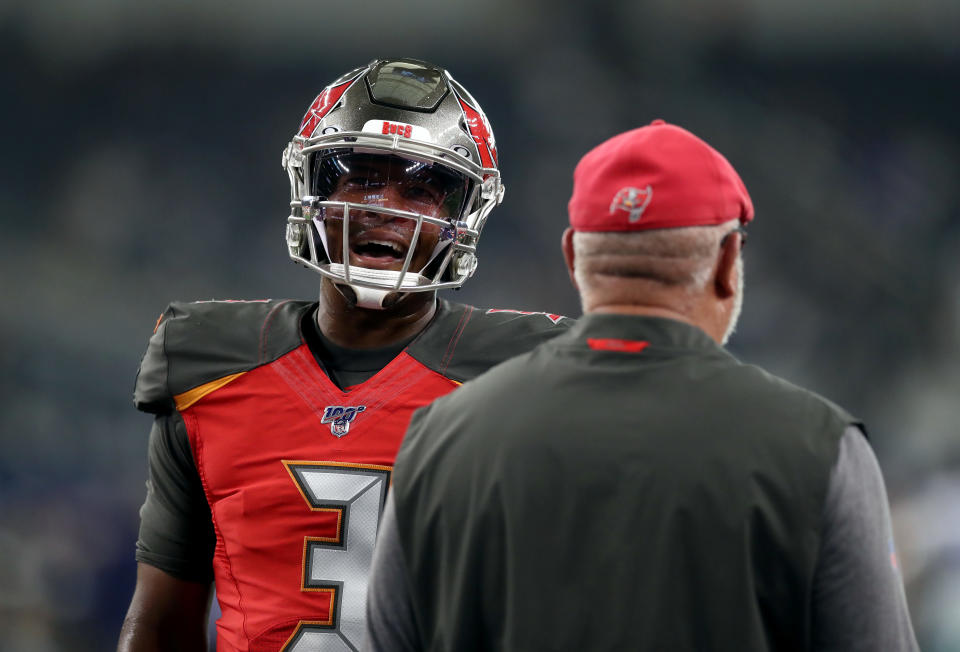 Jameis Winston and Bruce Arians still aren't seeing eye to eye. (Photo by Ronald Martinez/Getty Images)