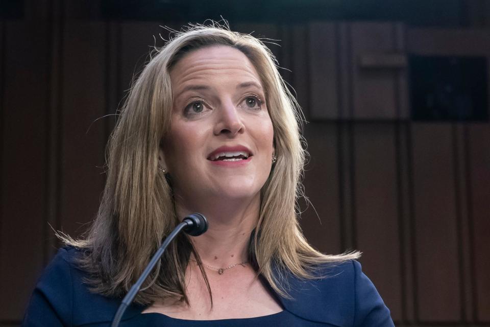 PHOTO: Jocelyn Benson, Michigan secretary of state, testifies as the Senate Judiciary Committee hears from Justice Department officials about the rise in threats toward elected leaders and election workers, Aug. 3, 2022, at the Capitol in Washington.  (J. Scott Applewhite/AP)