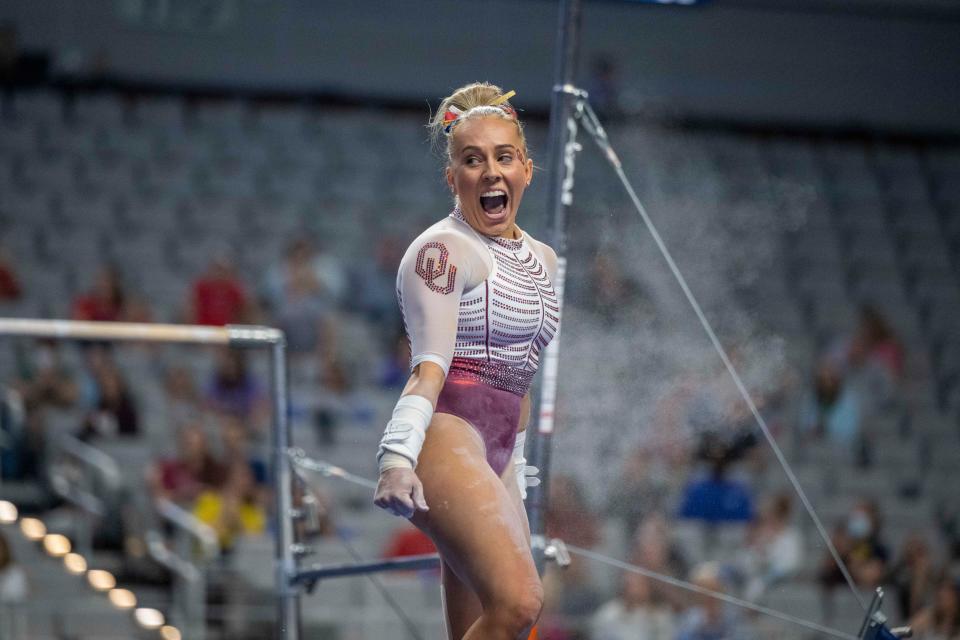 OU gymnast Olivia Trautman performs on bars during the NCAA semifinals on April 14 in Fort Worth, Texas.