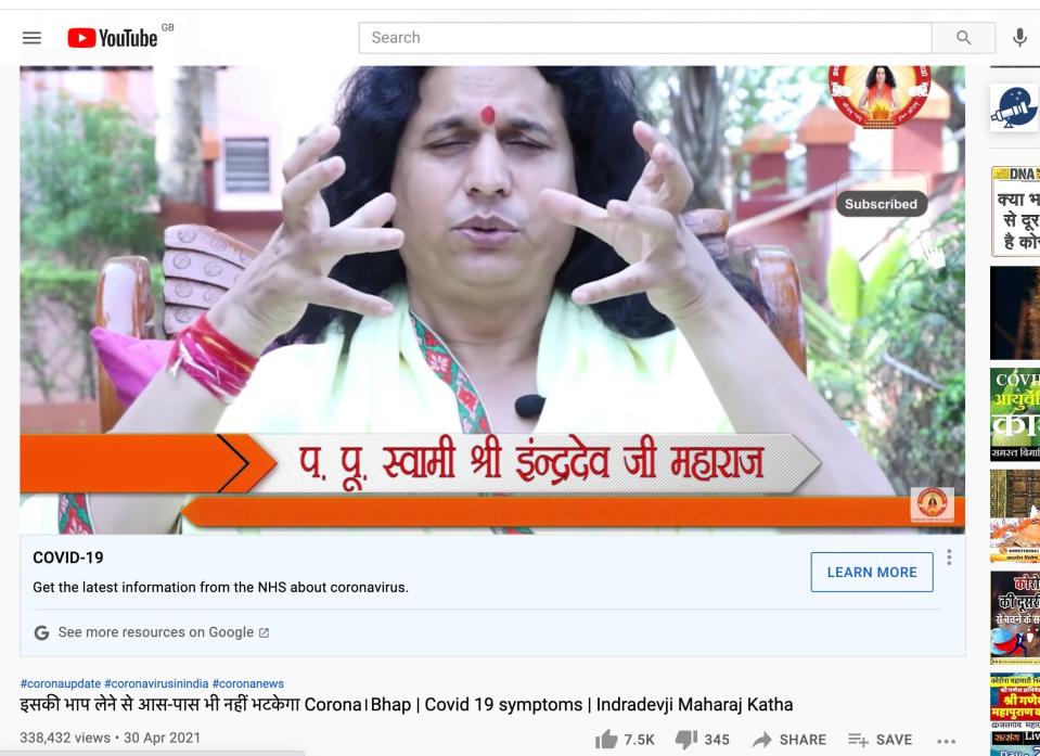 This Swami Indradev video sharing false claims about the benefits of steam inhalation to combat Covid has been viewed hundreds of thousands of times (Screengrab/YouTube)