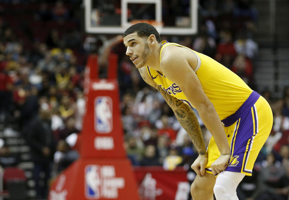 HOUSTON, TX - JANUARY 19:  Lonzo Ball #2 of the Los Angeles Lakers reacts after a foul against the Houston Rockets in the first half at Toyota Center on January 19, 2019 in Houston, Texas.  NOTE TO USER: User expressly acknowledges and agrees that, by downloading and or using this Photograph, user is consenting to the terms and conditions of the Getty Images License Agreement.  (Photo by Tim Warner/Getty Images)