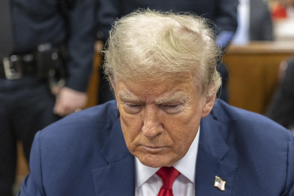 Former President Donald Trump appears at Manhattan criminal court before his trial in New York, Thursday, May 16, 2024. (Jeenah Moon/Pool Photo via AP)