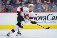 FILE - Ottawa Senators' Alex Formenton skates during an NHL hockey game, Friday, April 29, 2022, in Philadelphia. Five players from Canada's 2018 world junior team have taken a leave of absence from their respective clubs in recent days amid a report that five members of that team have been asked to surrender to police to face sexual assault charges. (AP Photo/Matt Slocum, File)