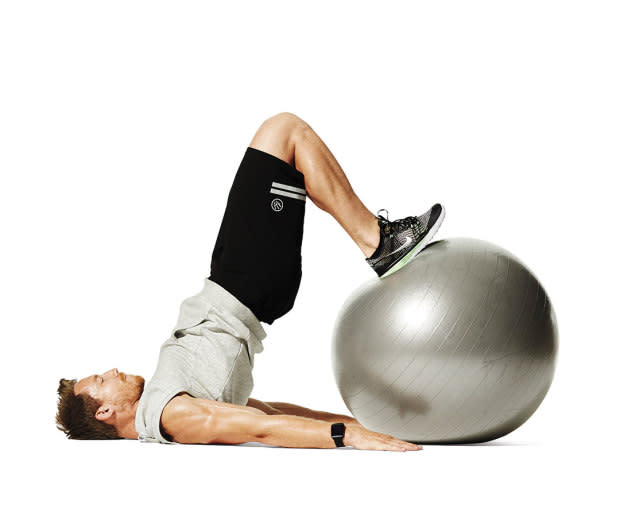 How to do it:<ol><li>Lie on the floor with legs straight and heels on top of a Swiss ball.</li><li>Lift your hips until your body is in a straight line. </li><li>Keeping your toes pulled toward your shins, pull the ball toward your butt with your heels. </li><li>Then, extend your legs to push the ball away. That's one rep. </li></ol>