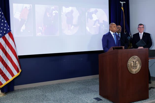 NEW YORK, NEW YORK - FEBRUARY 08: Mayor Eric Adams speaks during a press conference at the office of the District Attorneys on February 08, 2024 in New York City. (Photo by Michael M. Santiago/Getty Images)