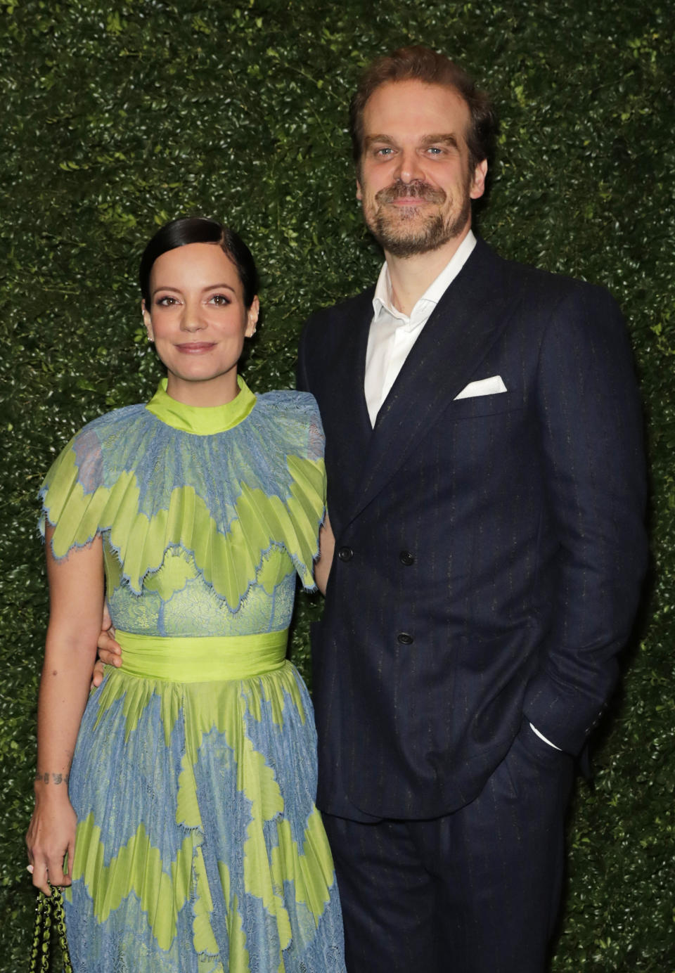 LONDON, ENGLAND - FEBRUARY 01:    Lily Allen and David Harbour arrive at the Charles Finch & CHANEL Pre-BAFTA Party at 5 Hertford Street on February 1, 2020 in London, England.  (Photo by David M. Benett/Dave Benett/Getty Images)