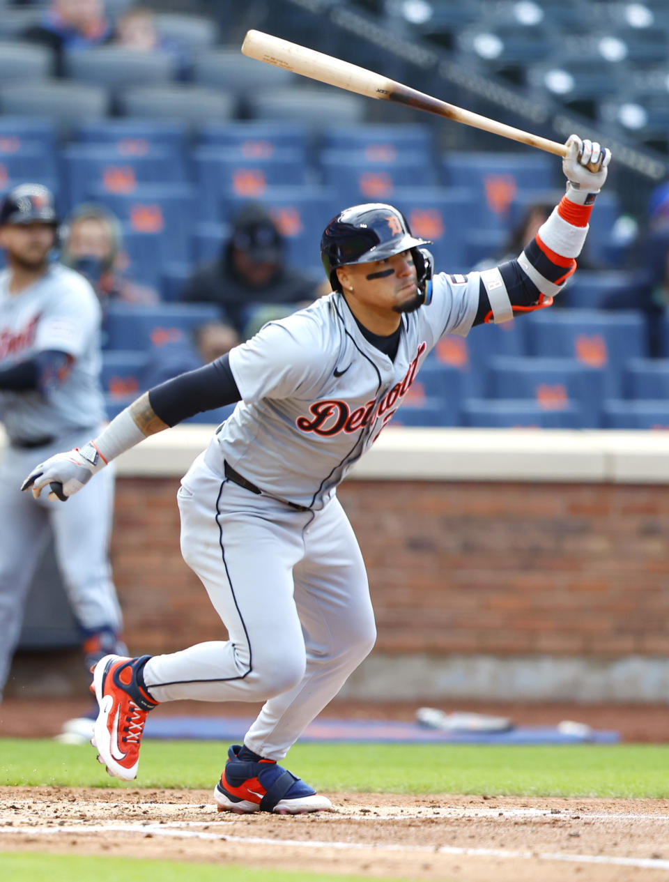 Detroit Tigers' Javier Baez follows through on a single against the New York Mets during the second inning in the second game of a baseball doubleheader, Thursday, April 4, 2024, in New York. (AP Photo/Noah K. Murray)