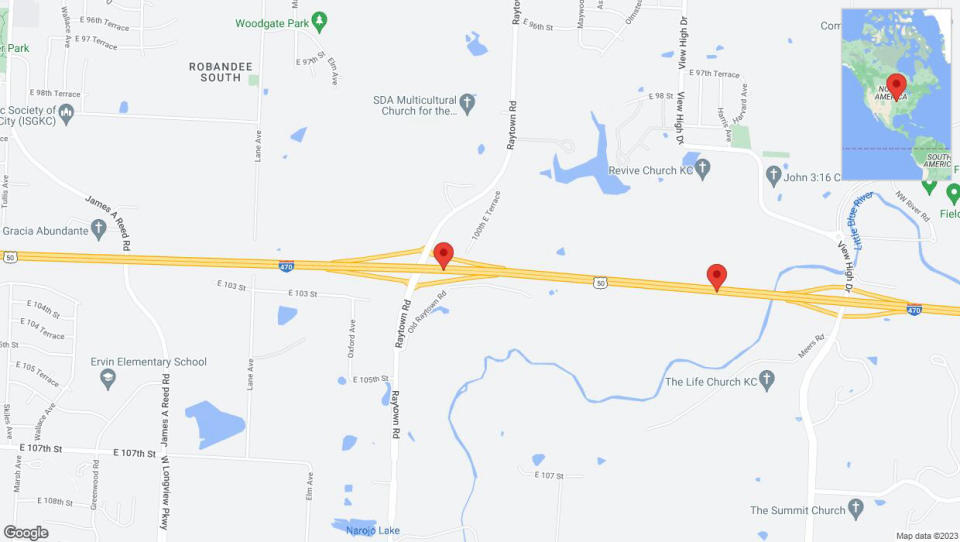 A detailed map that shows the affected road due to 'Reports of a crash on eastbound I-470' on September 23rd at 12:37 p.m.