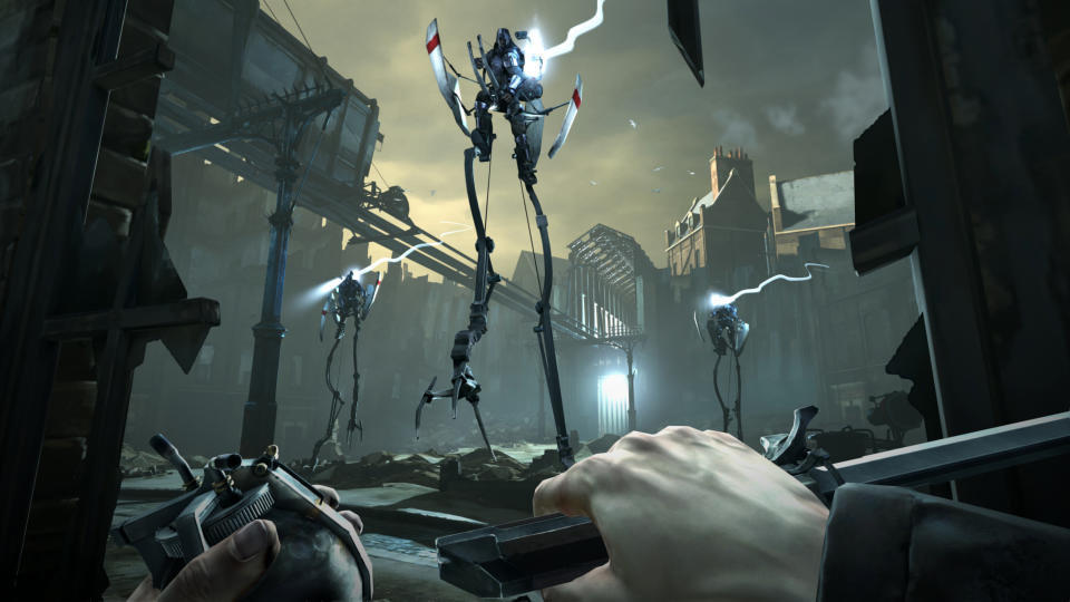 FILE - This video game image released by Bethesda Softworks shows a scene from "Dishonored." A pair of assassins, a horde of zombies and an intergalactic commander are facing off against a scarf-clad wanderer at the 2012 Spike Video Game Awards. "Assassin's Creed III," "Dishonored," "The Walking Dead: The Game" and "Mass Effect 3" are competing to become game of the year against "Journey," the artsy downloadable game that leads the 10th annual ceremony's nominees with seven nods. (AP Photo/Bethesda Softworks, File)