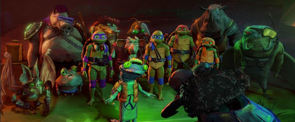 Paul Rudd, who voices the scene-stealing Mondo Gecko (center), is one of several A-list cameos in "Teenage Mutant Ninja Turtles: Mutant Mayhem."