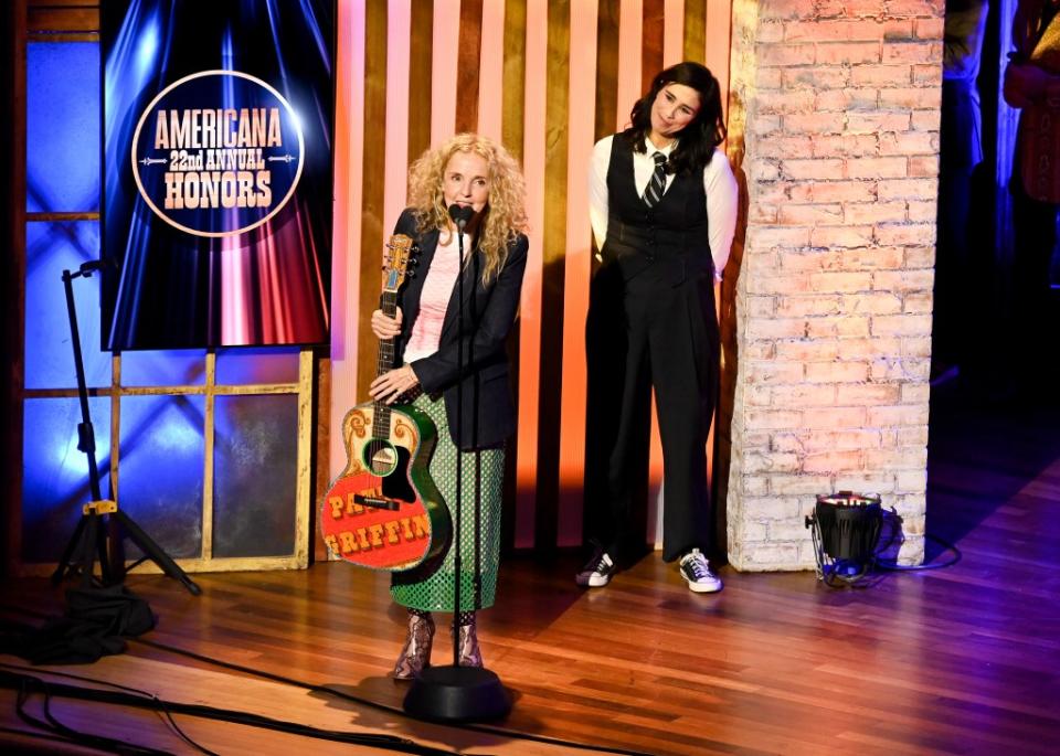 Patty Griffin and Sarah Silverman onstage at The Americana Music Association 22nd Annual Honors & Awards Show on September 20, 2023 at the Ryman Auditorium in Nashville, Tennessee.