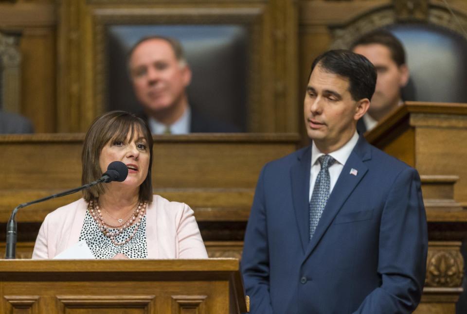 First lady Tonnette Walker addresses a joint session of the Legislature during Gov. Scott Walker's state of state speech in the Assembly chambers at the state Capitol on Tuesday, Jan. 10, 2017, in Madison, Wis. (AP Photo/Andy Manis)