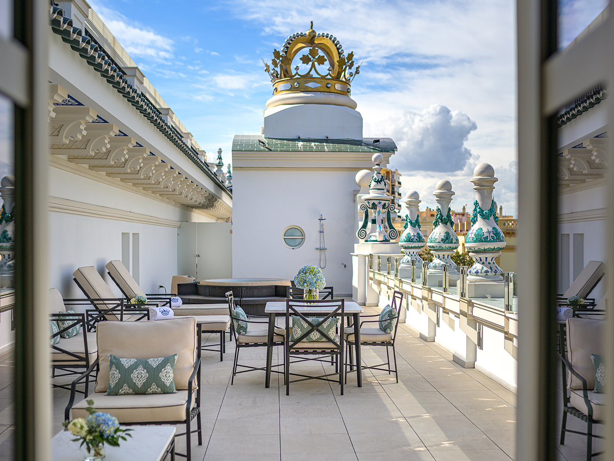 The Crown Suite is the most majestic room, complete with terrace and outdoor jacuzzi (Gran Hotel Miramar)