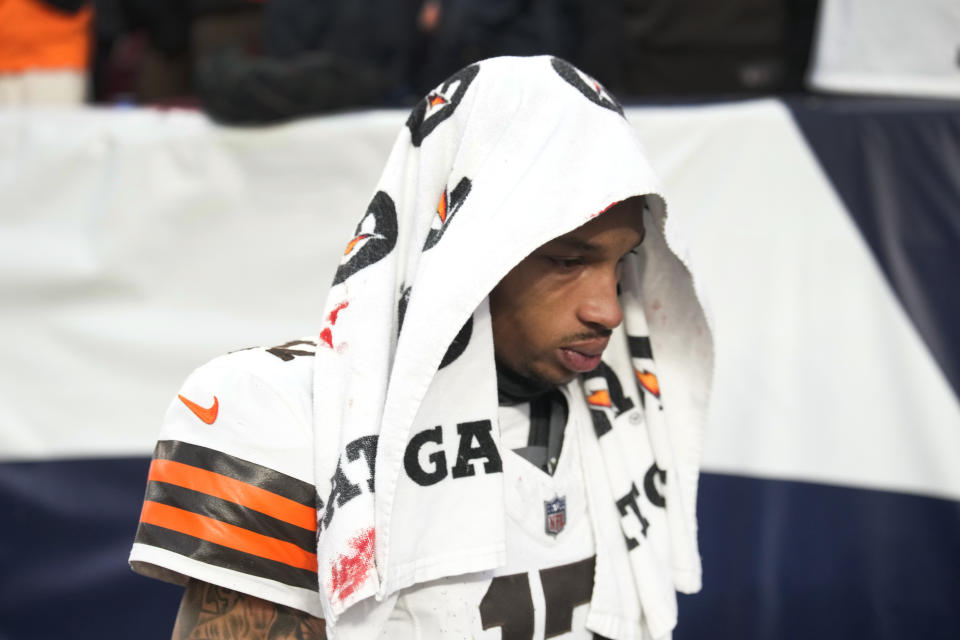 Cleveland Browns quarterback Dorian Thompson-Robinson is seen after being injured during the second half of an NFL football game against the Denver Broncos on Sunday, Nov. 26, 2023, in Denver. (AP Photo/David Zalubowski)