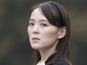 FILE - In this March 2, 2019, file photo, Kim Yo Jong, sister of North Korea's leader Kim Jong Un attends a wreath-laying ceremony at Ho Chi Minh Mausoleum in Hanoi, Vietnam. North Korea has threatened to end an inter-Korean military agreement reached in 2018 to reduce tensions if the South fails to prevent activists from flying anti-Pyongyang leaflets over the border. The powerful sister said Thursday, June 4, 2020, the North could permanently shut a liaison office with the South and an inter-Korean factory park in the border town of Kaesong, which have been major symbols of reconciliation between the rivals. (Jorge Silva/Pool Photo via AP, File)