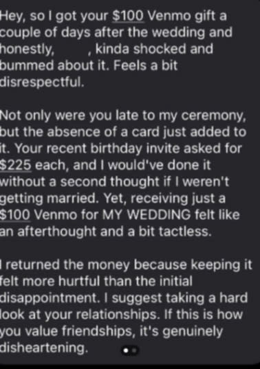 The attendee took to Reddit to share screenshots of a text exchange with the bride, which began with the newlywed expressing her upset about the amount of money and the fact it was late. Reddit