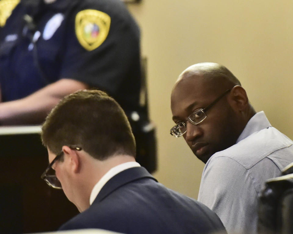 Murder defendant Otis McKane looks around the 379th District Court in San Antonio during his capital murder trial in the shooting death of San Antonio Police Dept. officer Benjamin Marconi, Monday, July 26, 2021. (Robin Jerstad/The San Antonio Express-News via AP)