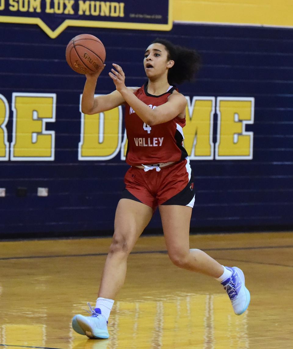 Newark Valley's Makana "Cha" Gardner became the program's career scoring leader in a 51-25 win over Elmira Notre Dame in girls basketball Feb. 2, 2024 at Notre Dame High School. Gardner needed five points to break the record of 1,269 points held by Denise Pitcher and scored 15 to move her total to 1,280.