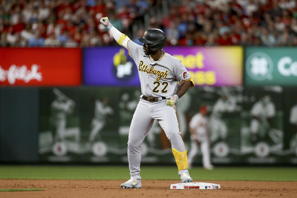 Pittsburgh Pirates' Andrew McCutchen gestures toward the dugout after hitting a double during the sixth inning of the team's baseball game against the St. Louis Cardinals Thursday, April 13, 2023, in St. Louis. (AP Photo/Scott Kane)