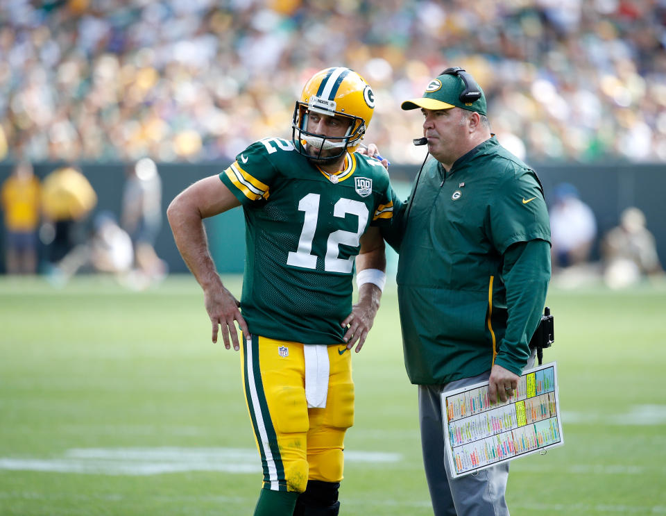 Current Dallas Cowboys head coach Mike McCarthy (right) spent over a decade coaching Aaron Rodgers in Green Bay. On Sunday, he returns to Lambeau Field to face Rodgers and the Packers. (Photo by Joe Robbins/Getty Images)
