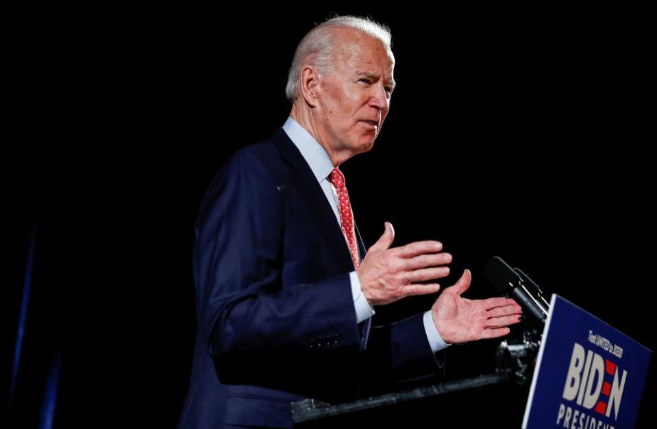 Joe Biden speaks about the coronavirus pandemic in Wilmington, Delaware, on 12 March.