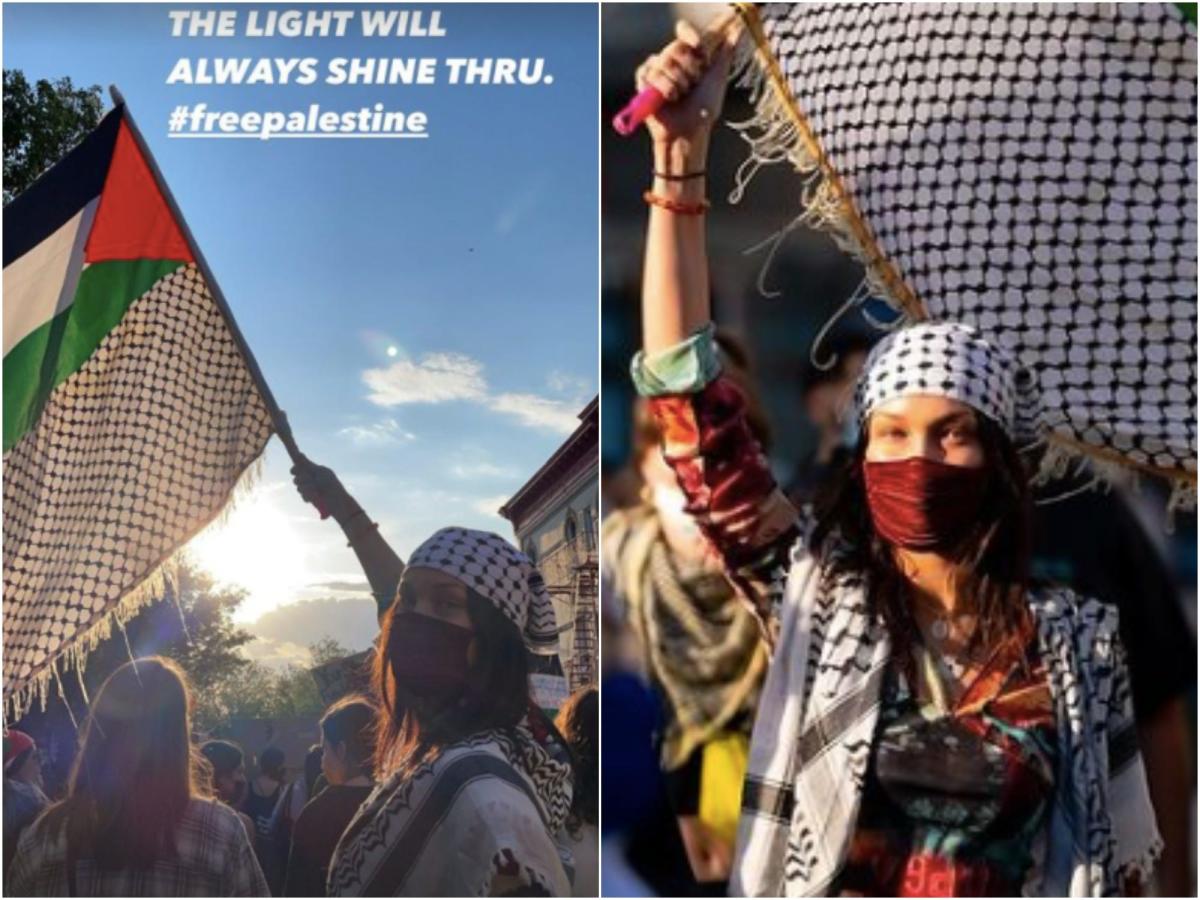 Tom Fordy on X: Bella #Hadid joins pro-Palestine march in NYC 🇺🇸wearing  a traditional dress, a #Keffiyeh, a face mask and waving a large  Palestinian Pale🇵🇸 flag as she marched along with