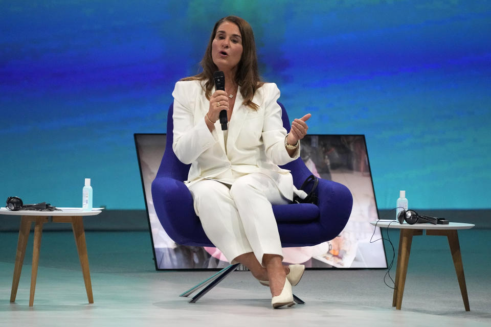 Melinda Gates, Co-Chair of the Bill and Melinda Gates Foundation delivers her speech during an international conference aims to fast-track the road to gender equality and mobilize millions of dollars to achieve the long-sought goal quickly, at the Louvre Carrousel in Paris, France, Wednesday, June 30, 2021. UN Women's Executive Director Phumzile Mlambo-Ngcuka said in an interview with The Associated Press that the underfunding of women's programs and the slow implementation of a 150-platform to achieve gender equality adopted by the world's nations in Beijing in 1995 "leaves a lot of women in a situation where they will never really realize their true and full potential." (AP Photo/Michel Euler)