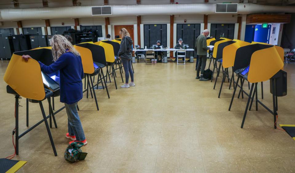 California voters vote during the primary elections on ‘Super Tuesday’ at Westminster Avenue Elementary School. 'Super Tuesday' presidential primary elections held by Alabama, Arkansas, California, Colorado, Maine, Massachusetts, Minnesota, North Carolina, Oklahoma, Tennessee, Texas, Utah, Vermont, Virginia, and the Alaska Republican Party. Super Tuesday accounts for 36% of the total delegate allocation for Republicans, and 38% for Democrats.