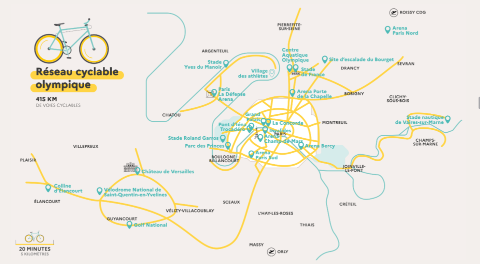 La carte des voies cyclables utiles pour rejoindre les sites des Jeux Olympiques de Paris 2024.