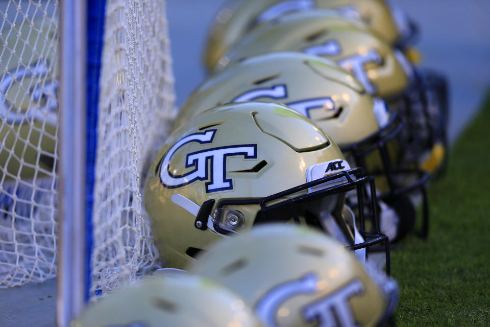 ATLANTA, GA - NOVEMBER 02:  Team helmets on the sidelines of the Georgia Tech bench during the college football game between the University of Pittsburgh Panthers and the Georgia Tech Yellow Jackets on November 02, 2019 at Bobby Dodd Stadium at Historic Grant Field in Atlanta, Georgia.   (Photo by David John Griffin/Icon Sportswire via Getty Images)