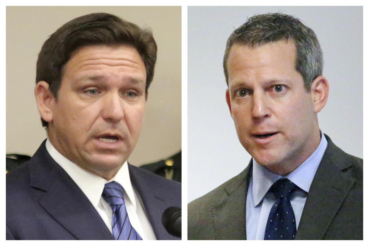 Florida Gov. Ron DeSantis, left, and Hillsborough County State Attorney Andrew Warren during separate news conferences in Tampa, Fla. (Douglas R. Clifford/Tampa Bay Times via AP)