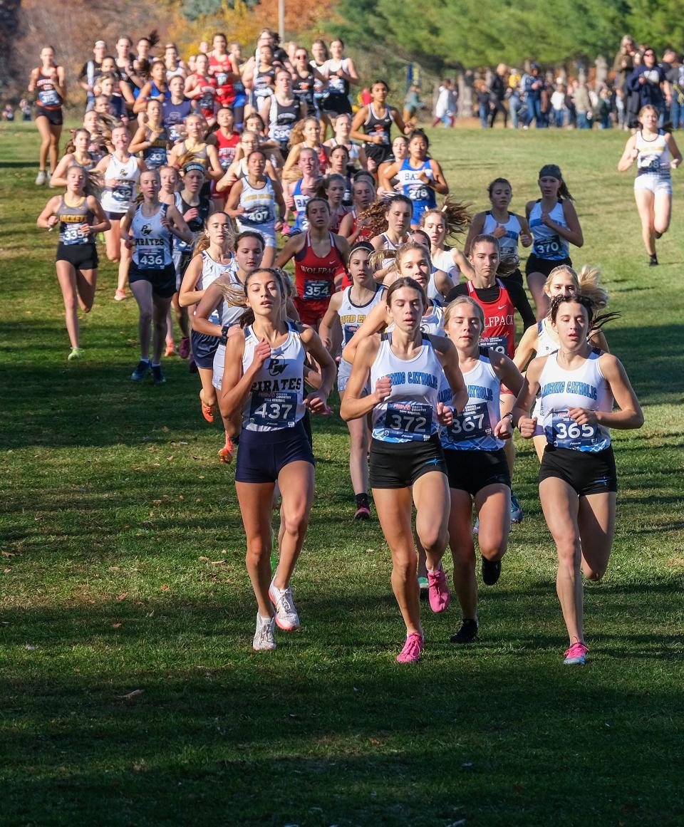 Lansing Catholic's Hannah Pricco, (372) CC Jones, (365) Tessa Roe, (367) and Pewamo-Westphalia's Whitney Werner (437) take the lead in the D3 Girls Regional Cross Country race Saturday, Oct, 29, 2022. Pricco took first-place while Jones took second and Roe took third. Werner was close behind at fourth-place.