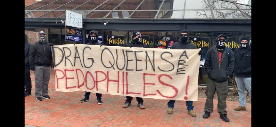 Members of the recognized hate group Nationalist Social Club, or NSC-131, stand in front of the Seacoast Repertory Theatre last Saturday morning, Dec, 18, 2021. The hate group was protesting a semi-regular drag show for children produced by the theater called "Honey Punch & Pals."