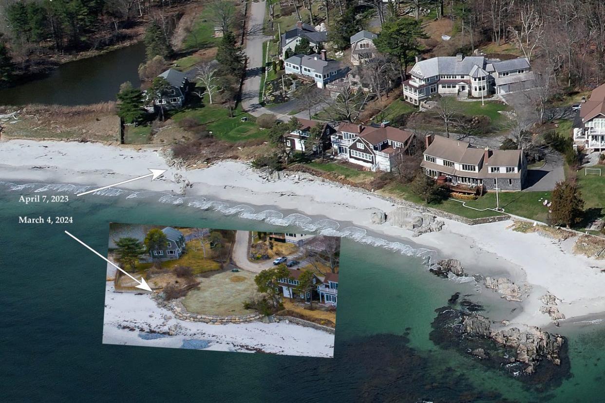 A giant wall resembling a jetty was constructed beyond a privately owned vacant lot on Beach Hill Road, encroaching on the public beach.