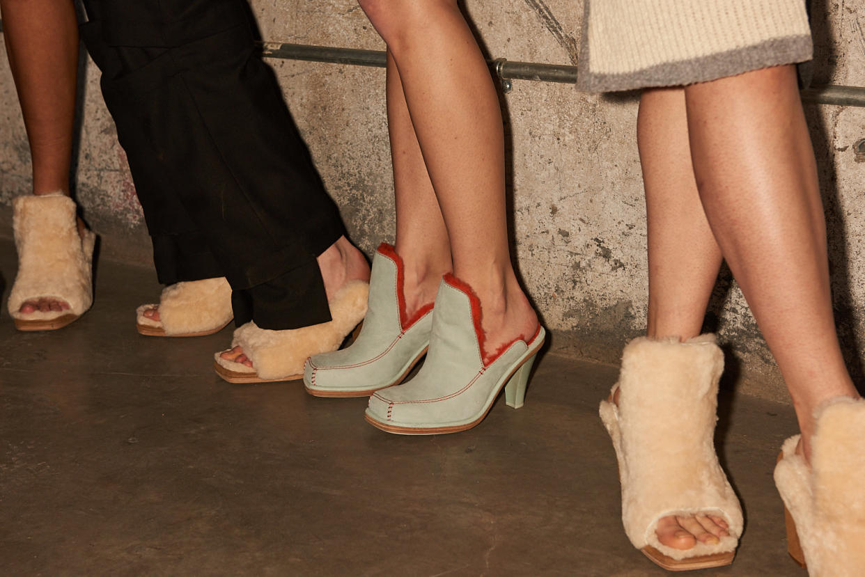 Models walking in the Ugg x Eckhaus Latta footwear collaboration. (Photo: Nathan Perkel)