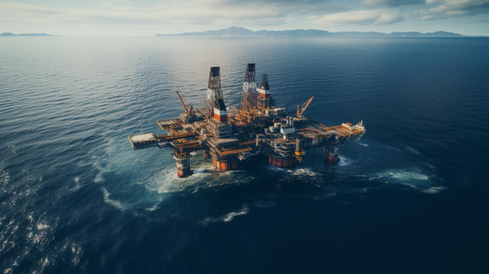 An aerial view of a large oil rig located in the ocean.