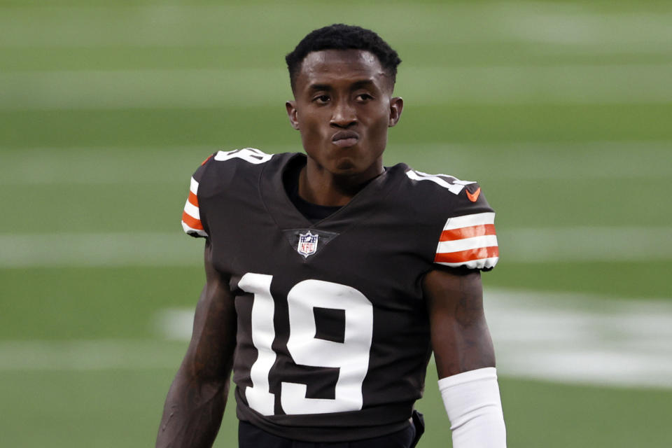 FILE - In this Thursday, Sept. 17, 2020, file photo, Cleveland Browns wide receiver JoJo Natson (19) warms up before an NFL football game against the Cincinnati Bengals in Cleveland. Browns return specialist and wide receiver Jojo Natson is done for the season after he suffered a torn knee ligament in Sunday's win over the Washington Football Team. (AP Photo/Ron Schwane, File)