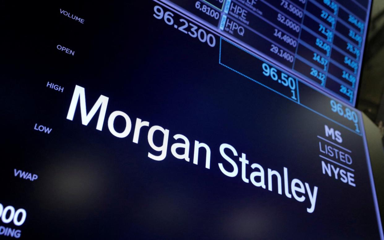 The logo for Morgan Stanley on a screen on the trading floor at the New York Stock Exchange