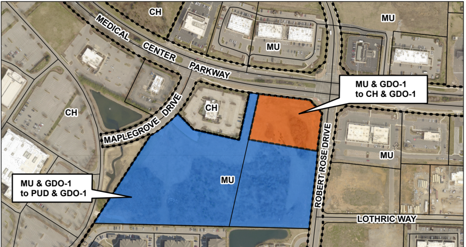 This Murfreesboro map for proposed rezoning shows where TDK Construction proposes to build a headquarters, 274 apartments, and restaurant and retail  spaces off southwest corner of Medical Center Parkway and Robert Rose Drive. Project also includes a new road to connect Robert Rose to The Avenue Murfreesboro shopping center.