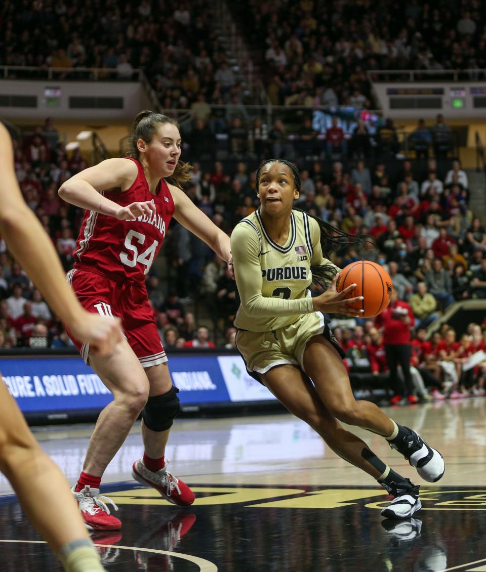 Purdue Boilermakers guard Jayla Smith (3) attempts a layup during the NCAA women's basketball game against the Indiana Hoosiers, Sunday, Feb. 5, 2023, at Mackey Arena in West Lafayette, Ind. Indiana Hoosiers won 69-46.