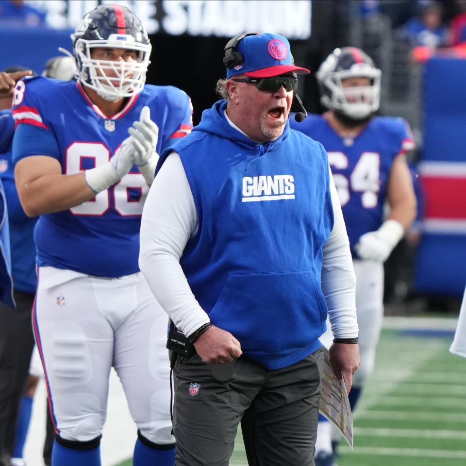 East Rutherford, NJ — October 22, 2023 -- Giants defensive coordinator Wink Martindale after a stop on a fourth down play that sealed the game for the Giants. The NY Giants host the Washington Commanders at MetLife Stadium in East Rutherford, NJ on October 22, 2023.