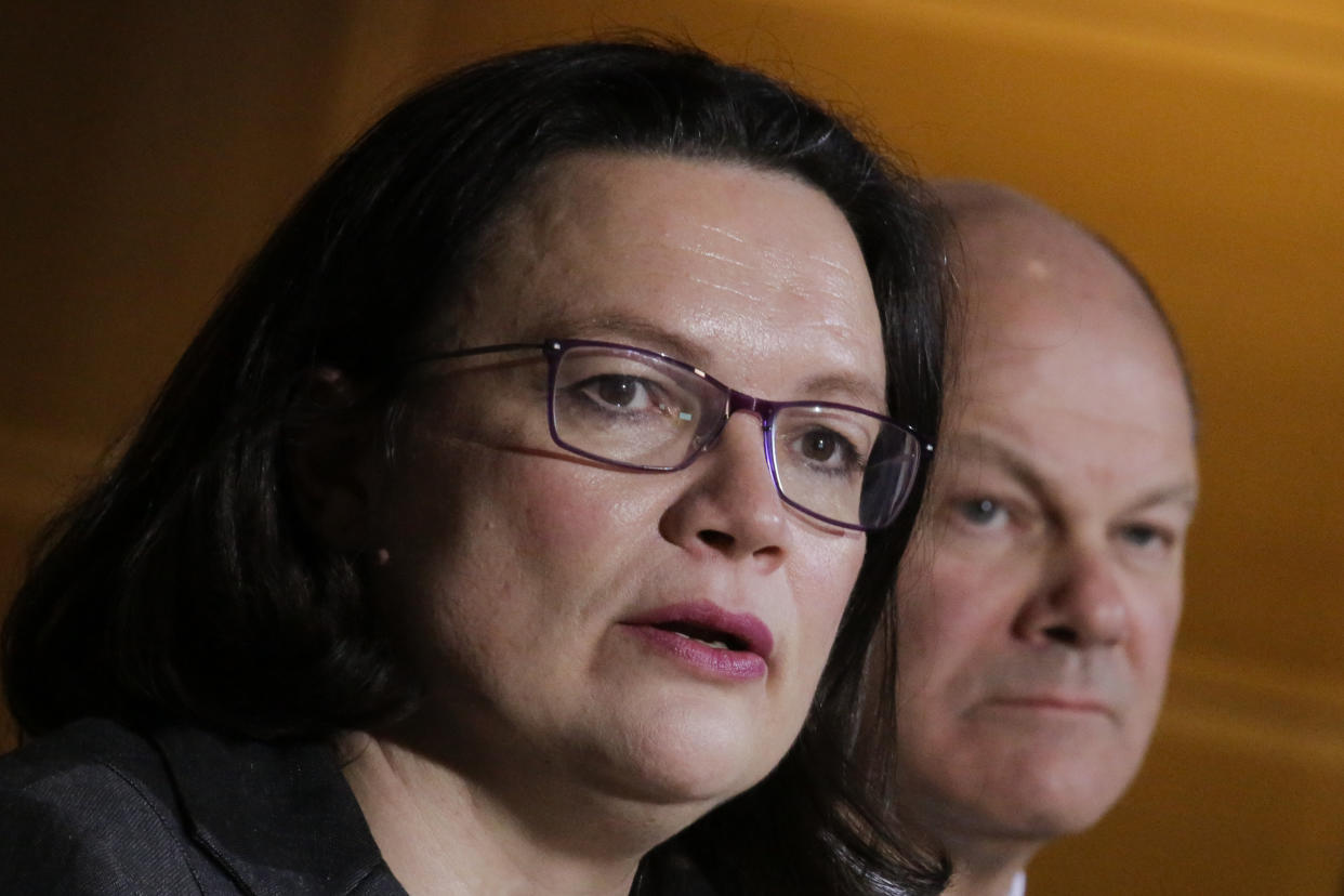 Andrea Nahles wird schon jetzt nachgesagt, sie sei angeschlagen (Bild: AP Photo/Markus Schreiber)