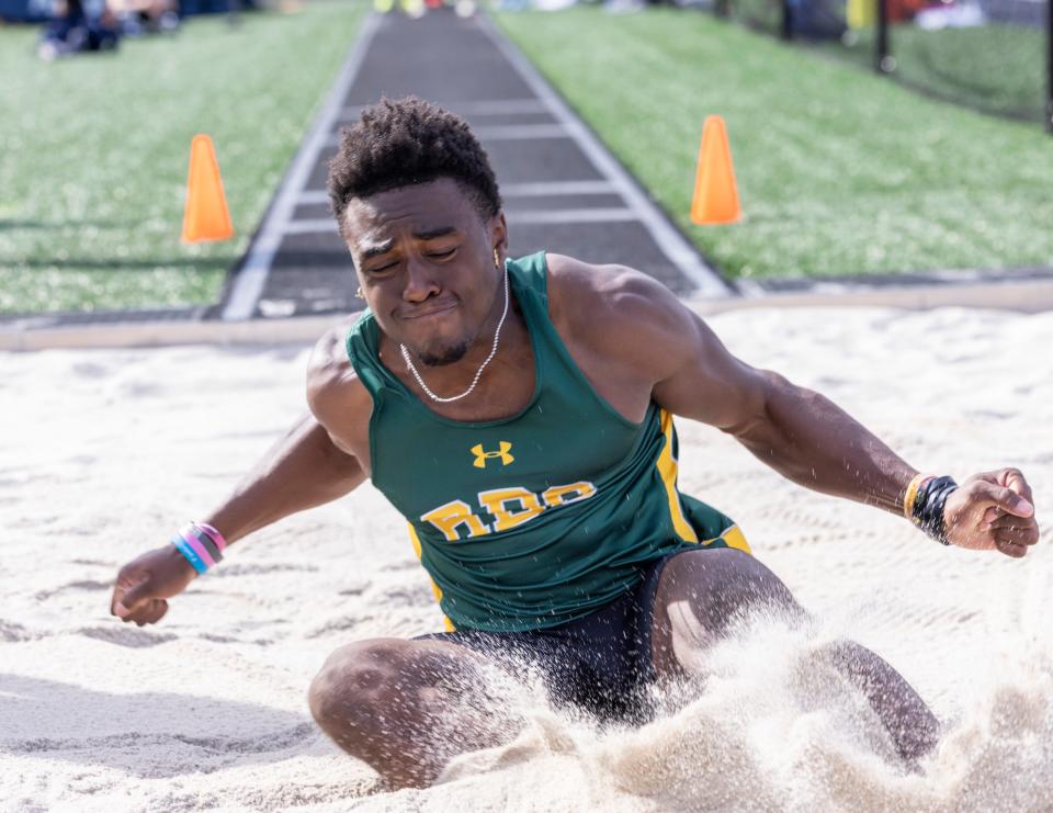 Red Bank Catholic Jaidin Haynes competes in long jump at Monmouth County Track Relays at Howell High School in Howell on May 5, 2022.