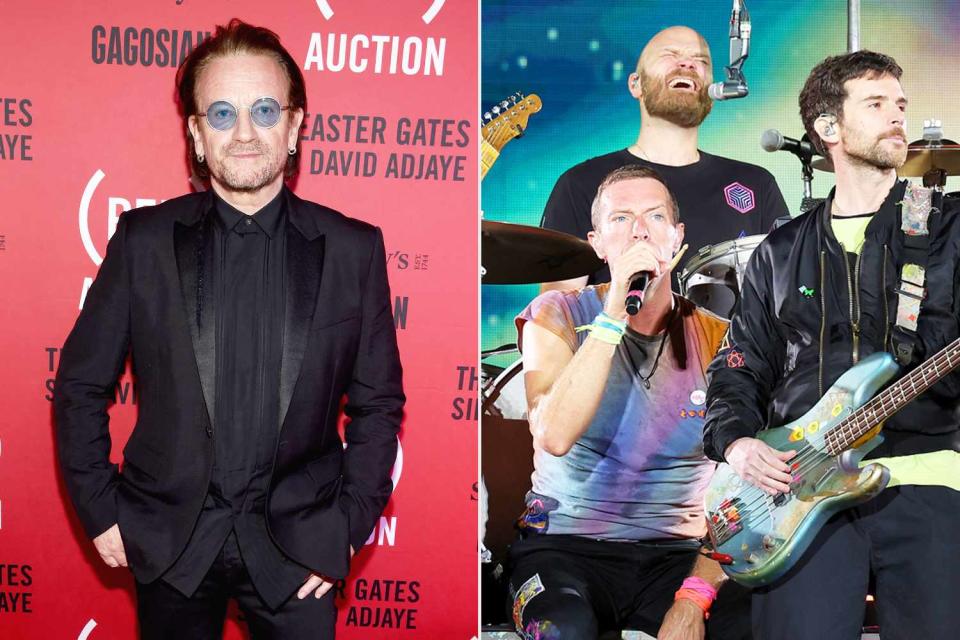 <p>Dimitrios Kambouris/Getty Images for The (RED) Auction 2018; Monica Schipper/Getty</p> Bono of U2; Coldplay