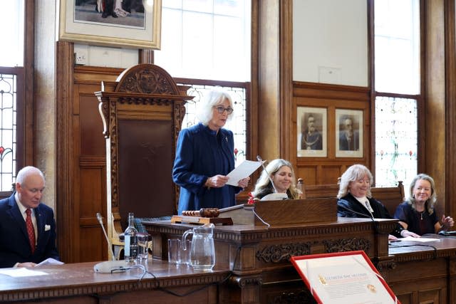 Queen Camilla delivers a speech during a visit to Douglas Borough Council on the Isle of Man