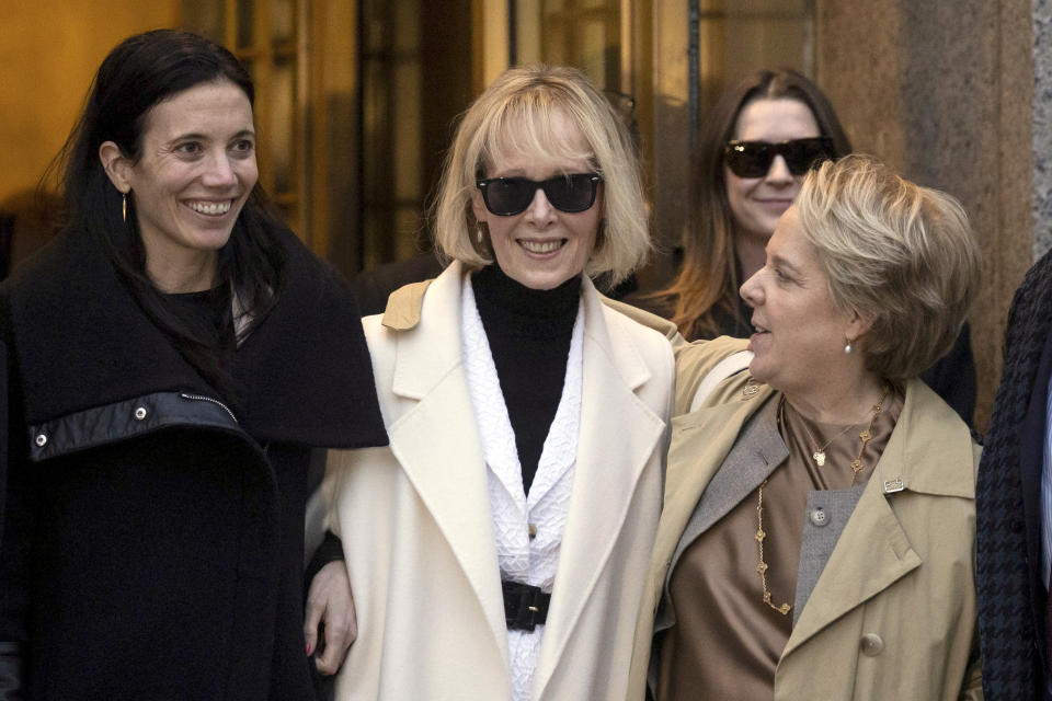 FILE - E. Jean Carroll leaves Federal court after a jury awarded her $83.3 million in a case against former President Donald Trump, Jan. 26, 2024, in New York. No one gets under Trump's skin quite like women who face him in court. Carroll is on a long list of women for whom Trump's playbook deploys intimidation, combined with a now-familiar brand of vulgarity, nicknames and other insults used for men, too. (AP Photo/Yuki Iwamura, File)